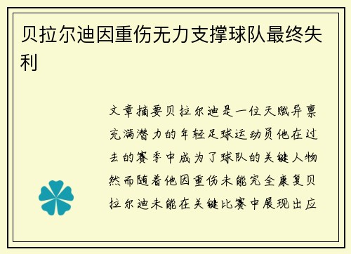 贝拉尔迪因重伤无力支撑球队最终失利 贝拉尔迪因重伤无力支撑球队最终失利
